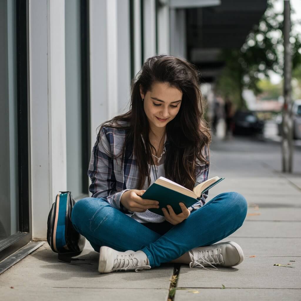 Estudante feliz com livro de espanhol