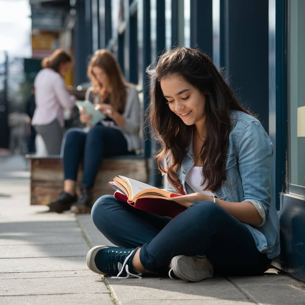 Estudante feliz com livro de chinês